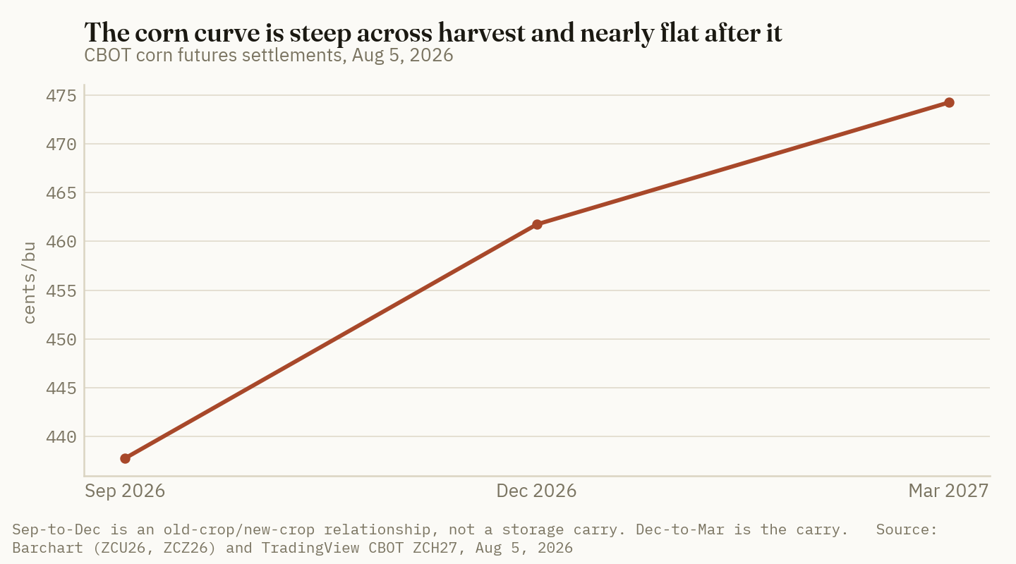 The corn curve rises steeply from September into December, then flattens sharply from December into March.